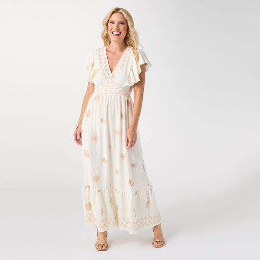 Celeste Embroidered Flutter Sleeve Maxi Dress