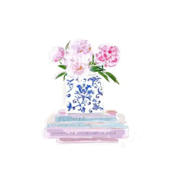Rebecca Illustrated: Books & Peonies print 8X10