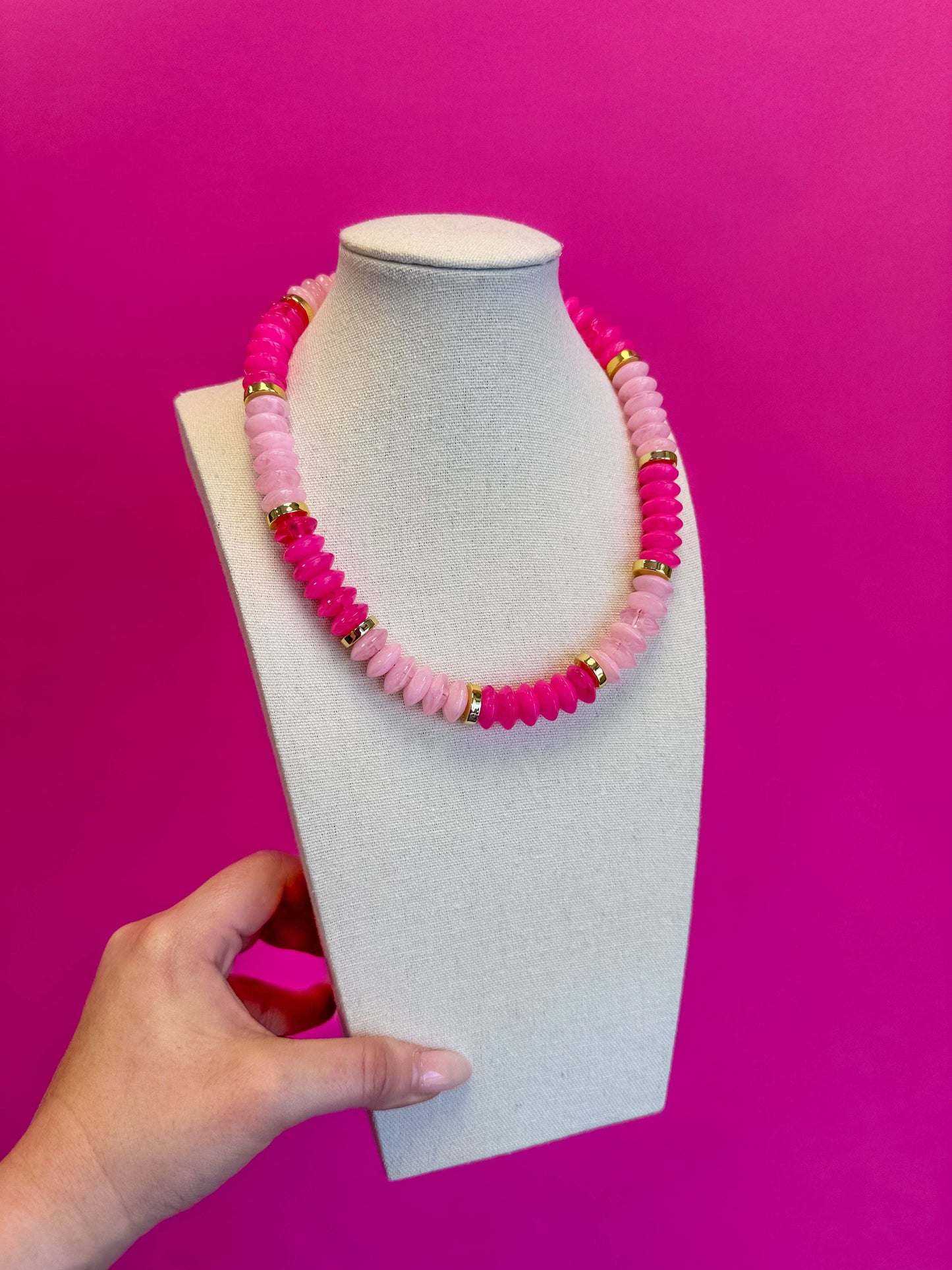 Colorful Chunky Bead with Gold Bead Necklace - Pink