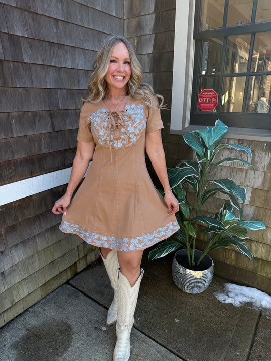 Lace-Up Western Denim Dress: Taupe