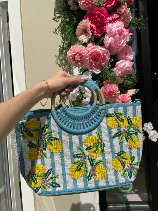 Lemon Beaded Tote with Round handle