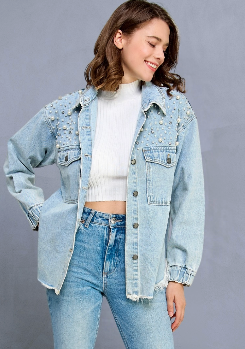 Pearl and Rhinestone Denim Shacket