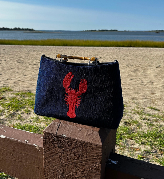 Falmouth Navy Beaded Purse with Red Lobster Design