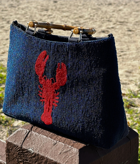 Falmouth Navy Beaded Purse with Red Lobster Design