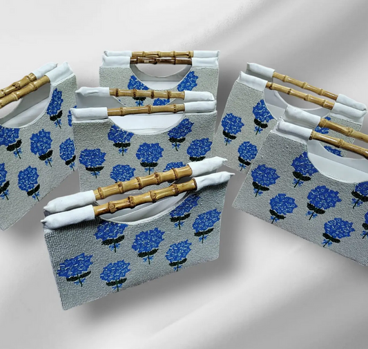 Beaded Hydrangea Bag with Bamboo Handles