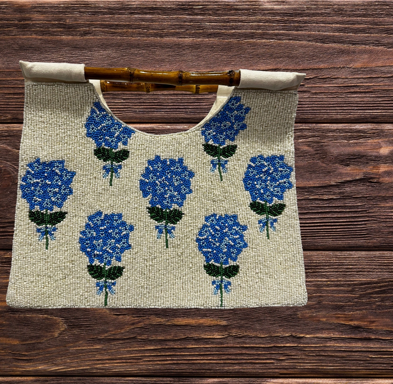 Beaded Hydrangea Bag with Bamboo Handles