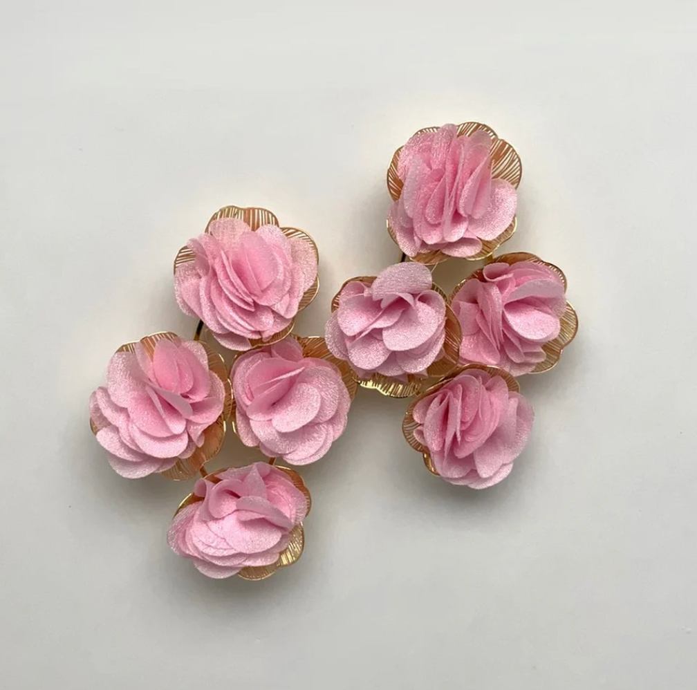 Pink Flower Fabric Cluster Earrings