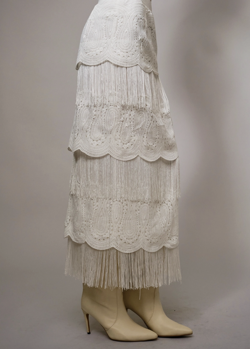Lace Fringe Tiered Maxi Skirt