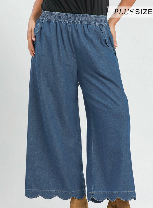 Chambray Scalloped Hem Pants: Pre order