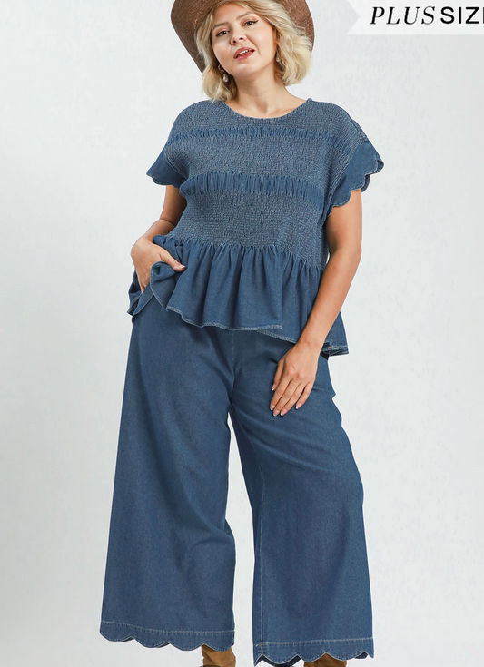 Chambray Smocked Statement Top: Pre Order