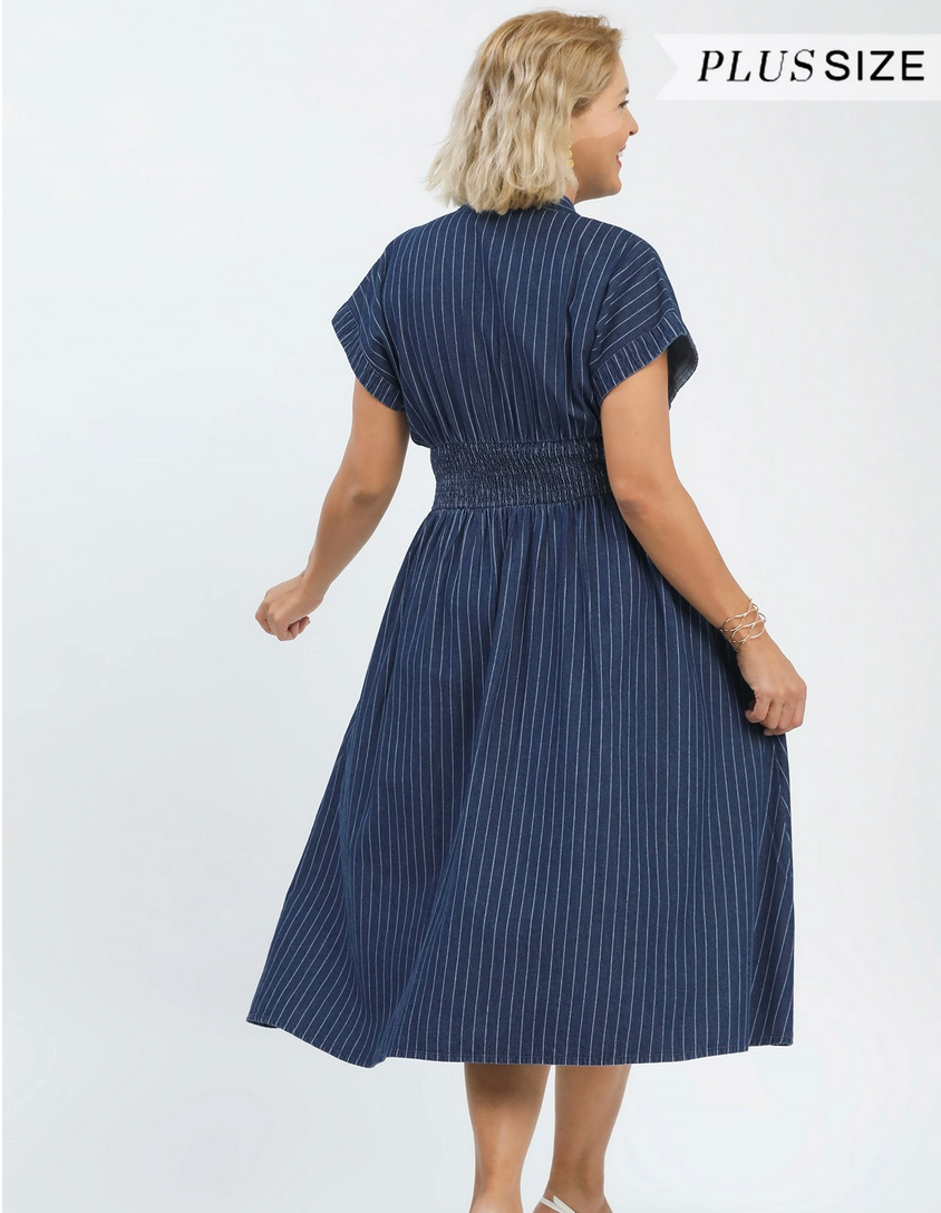 Pinstripe Smocked Waist Button-Front Midi Dress