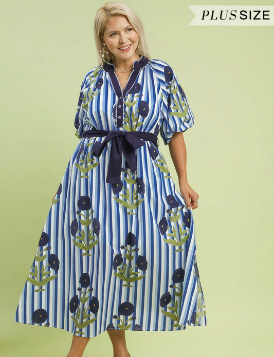 Striped Floral Maxi Dress with Waist Tie