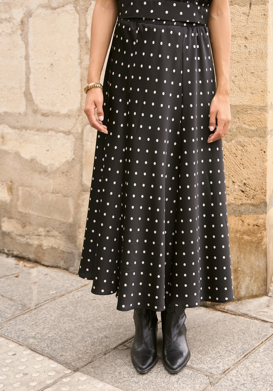 Parisian Polka Silk Skirt: Black