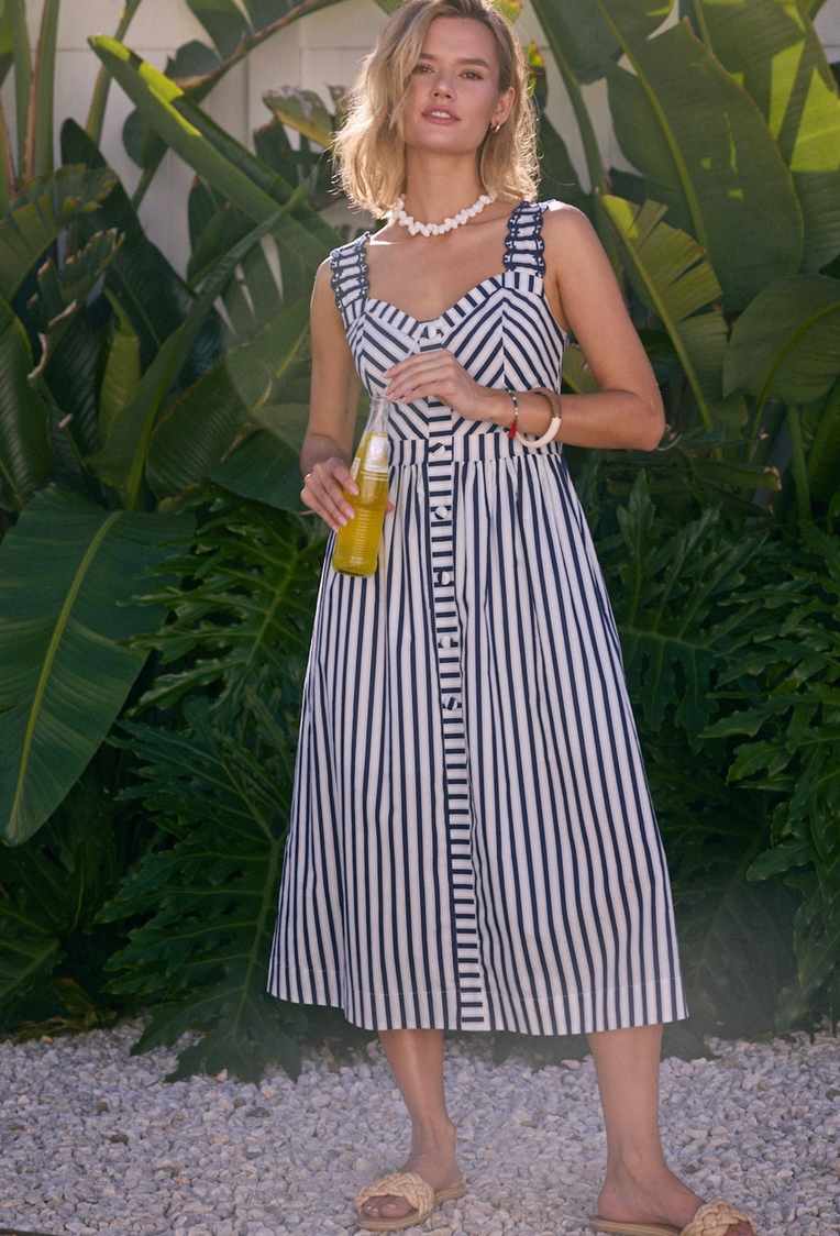 Striped Midi Dress with Embroidered Detail: Navy & White