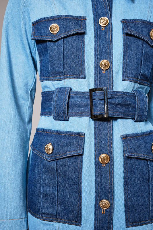 Two Tone Belted Denim Twill Jacket with Pockets