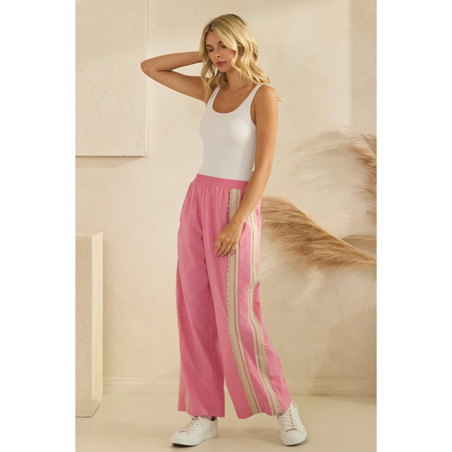 Stripe Nylon Pants with Lace Details