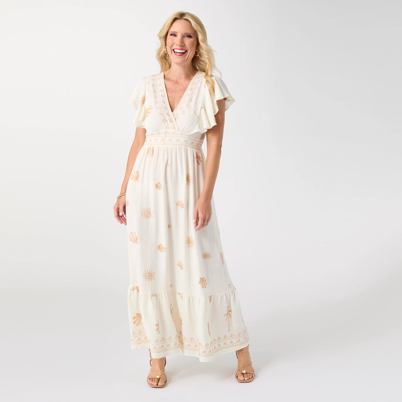 Celeste Embroidered Flutter Sleeve Maxi Dress