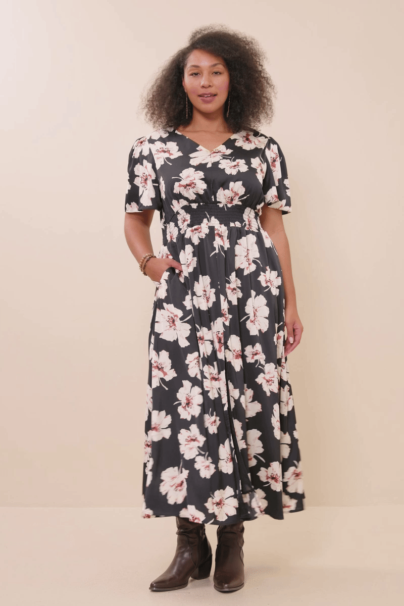 Size Inclusive: Floral Smocked Waist Slit Detail Dress