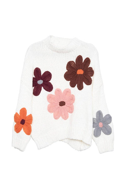 White Floral Fall Stitched Sweater