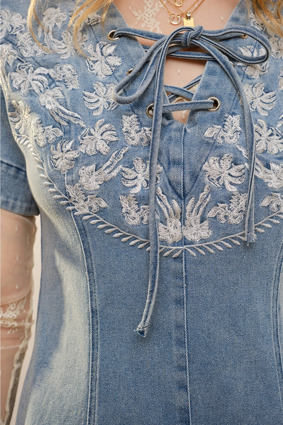 Lace-Up Western Denim Dress: Light Wash