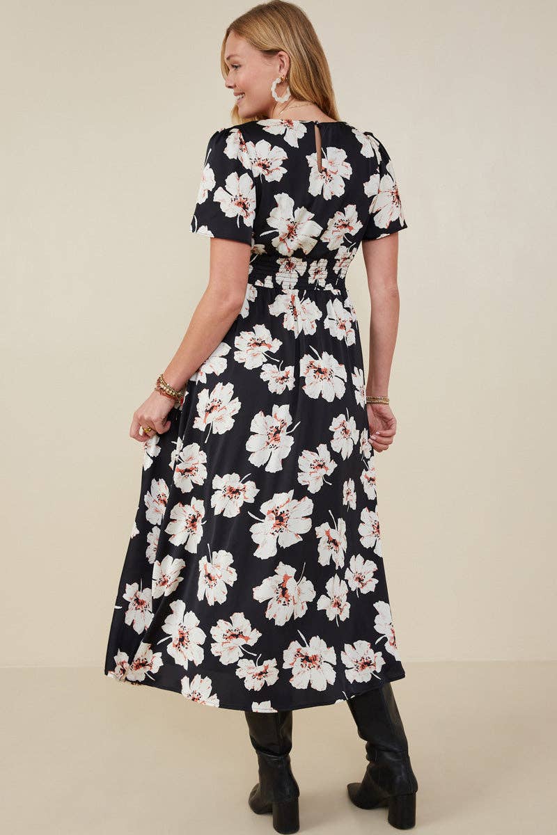 Size Inclusive: Floral Smocked Waist Slit Detail Dress