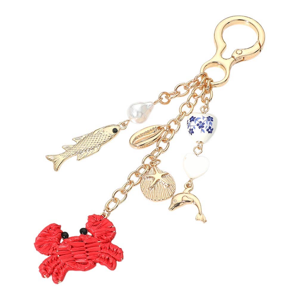 Crab Fish Sand Dollar Heart Pearl Charm Embellished Keychain Bag Charm