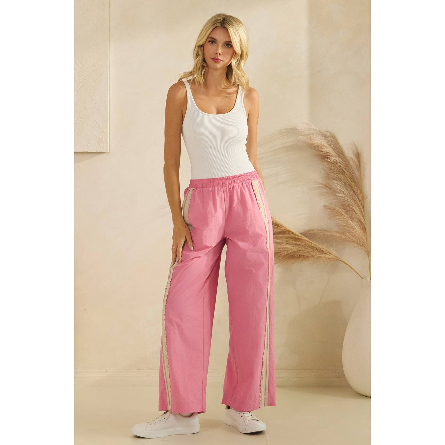 Stripe Nylon Pants with Lace Details