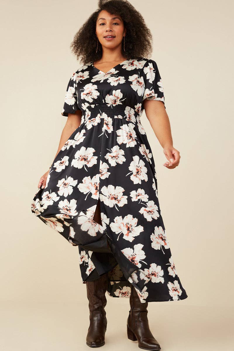 Size Inclusive: Floral Smocked Waist Slit Detail Dress