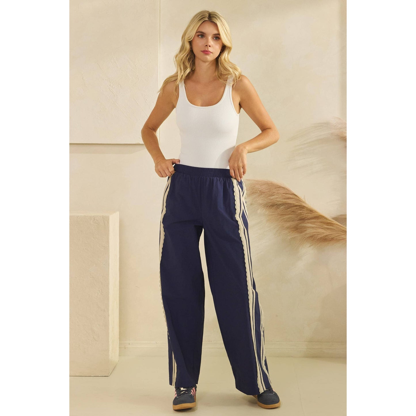 Stripe Nylon Pants with Lace Details