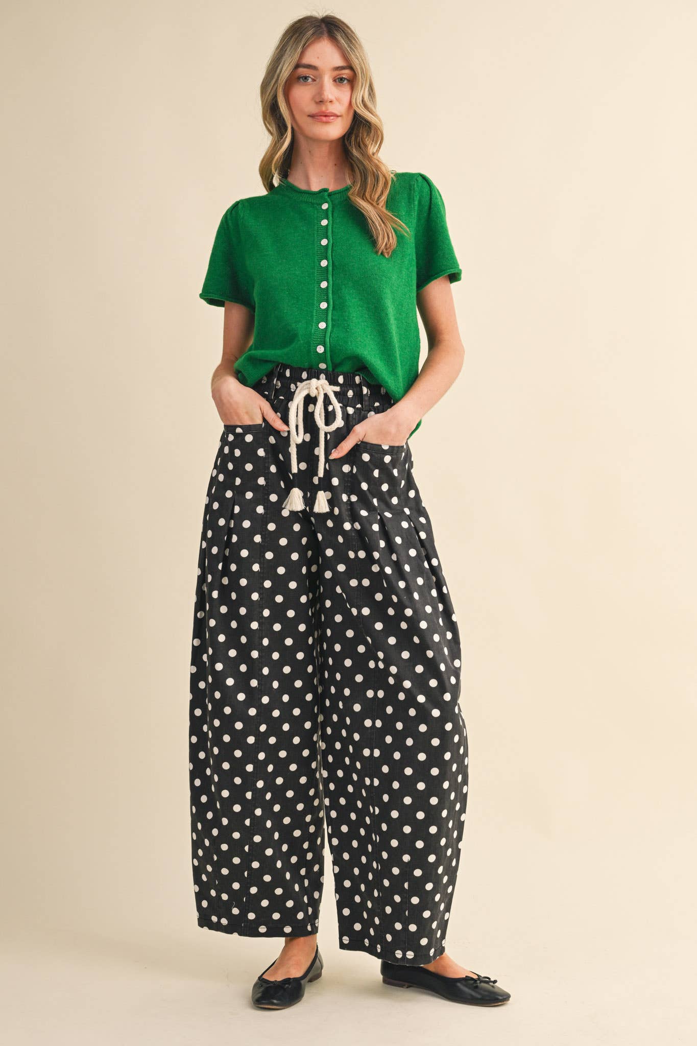 Polka Dot Pleated Barrel Pants - 3 Colors Available
