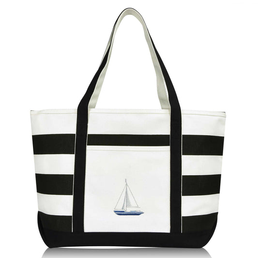 Ocean Sailboat Womens Embroidered Striped Tote Bag