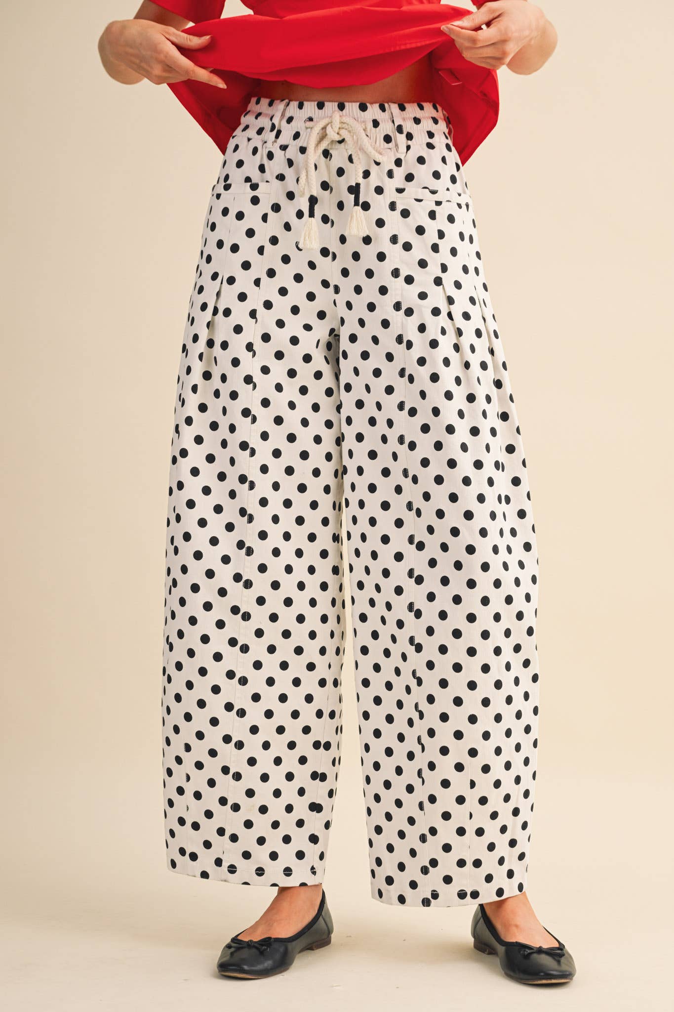 Polka Dot Pleated Barrel Pants - 3 Colors Available