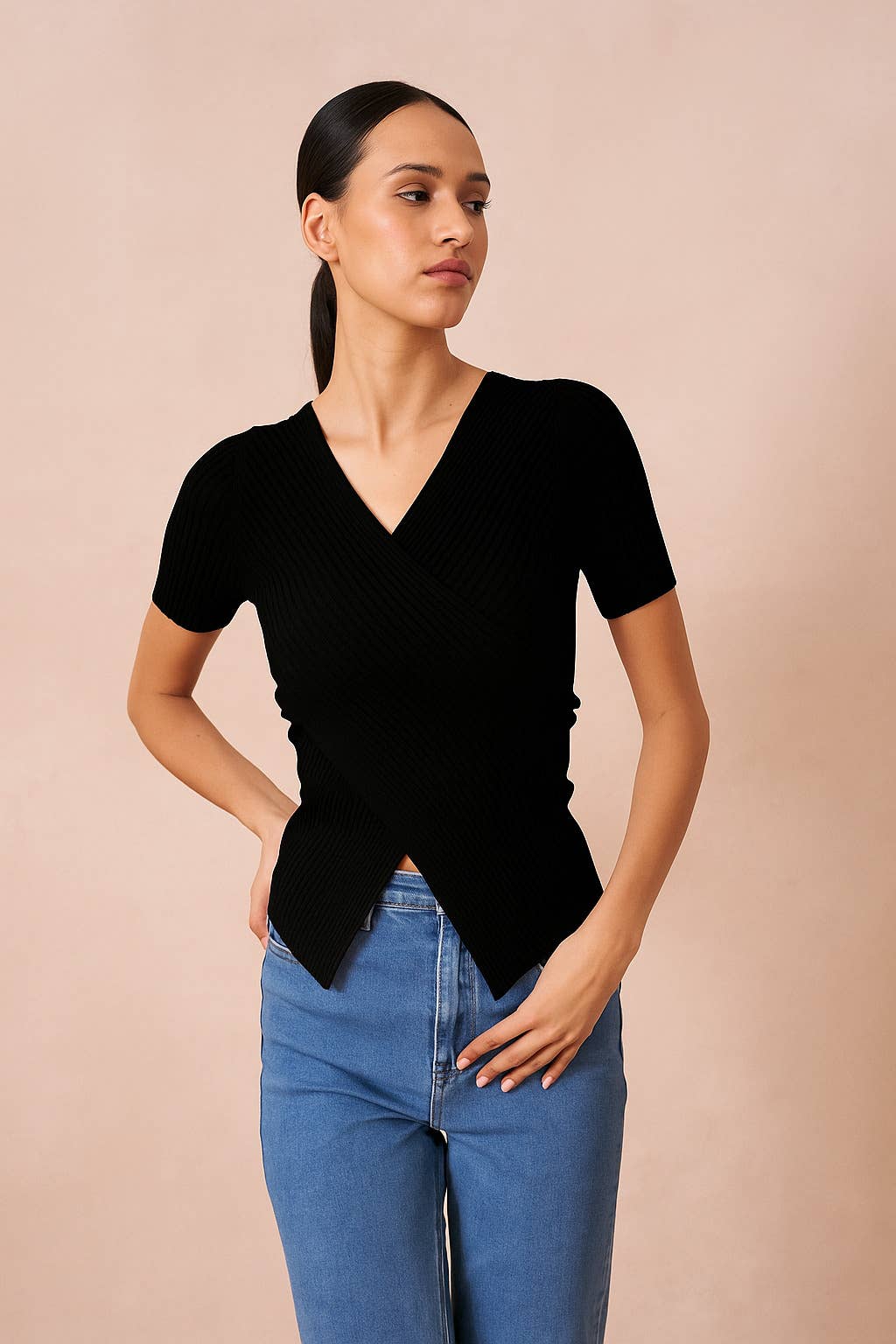 Ribbed knit wrap T-shirt - 0590