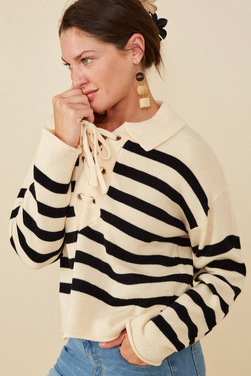 Size Inclusive:Lace Up Striped Sweater