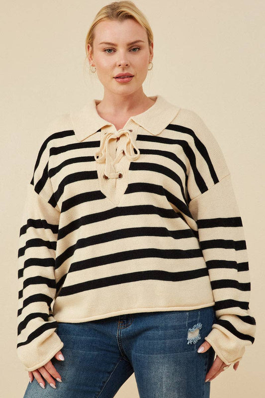 Size Inclusive:Lace Up Striped Sweater