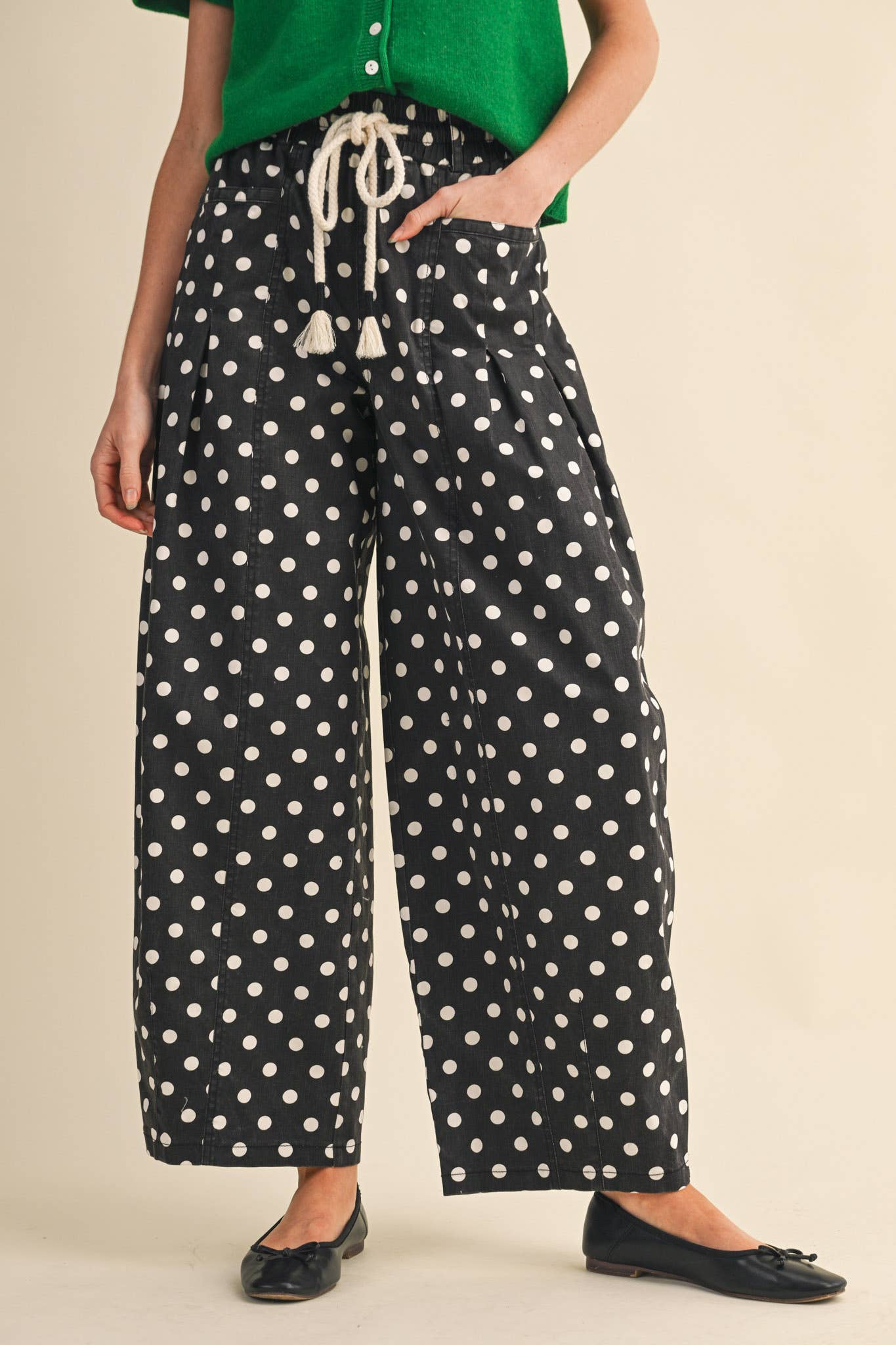 Polka Dot Pleated Barrel Pants - 3 Colors Available