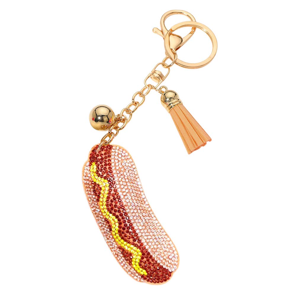 Bling Studded Hotdog Tassel Keychain / Bag Charm