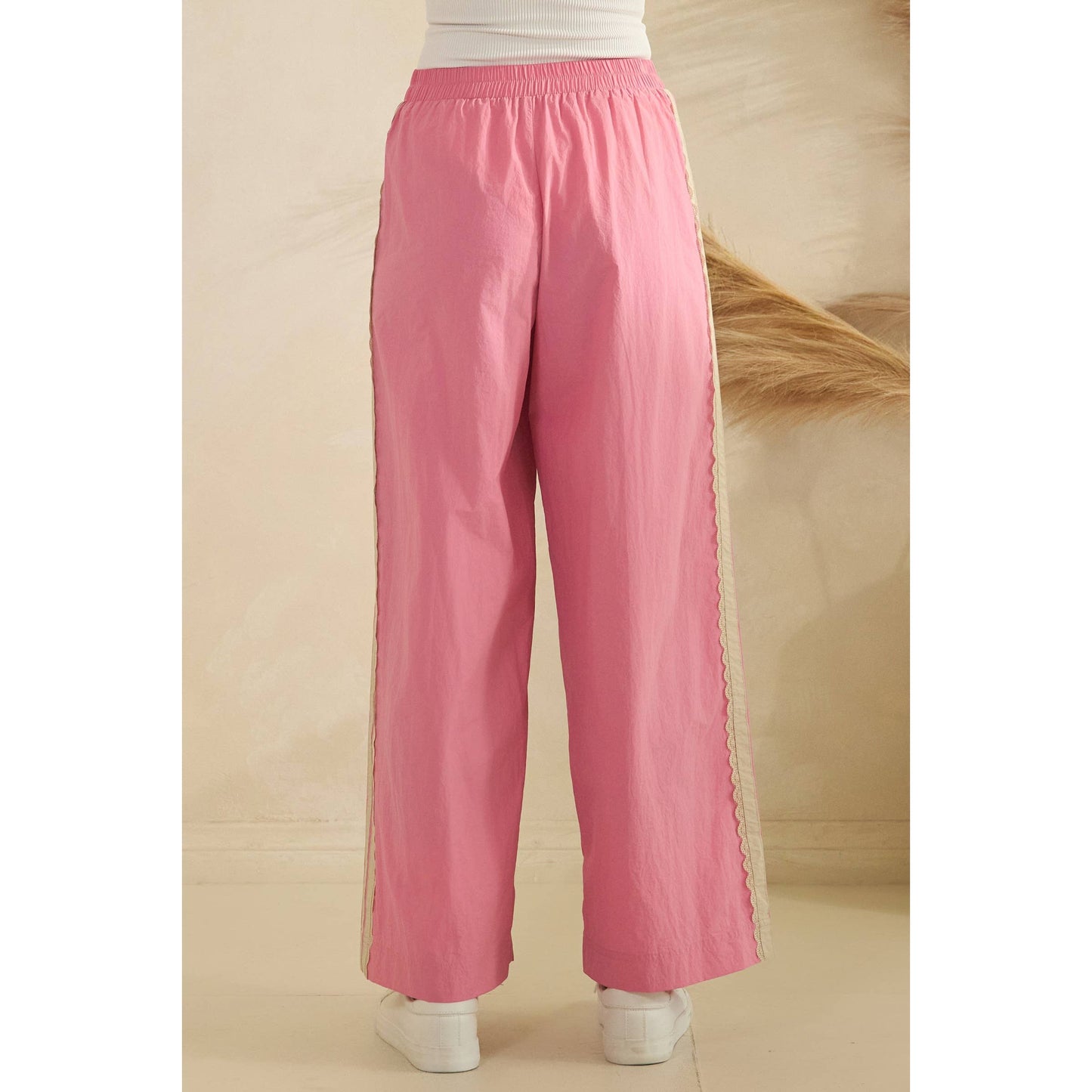 Stripe Nylon Pants with Lace Details