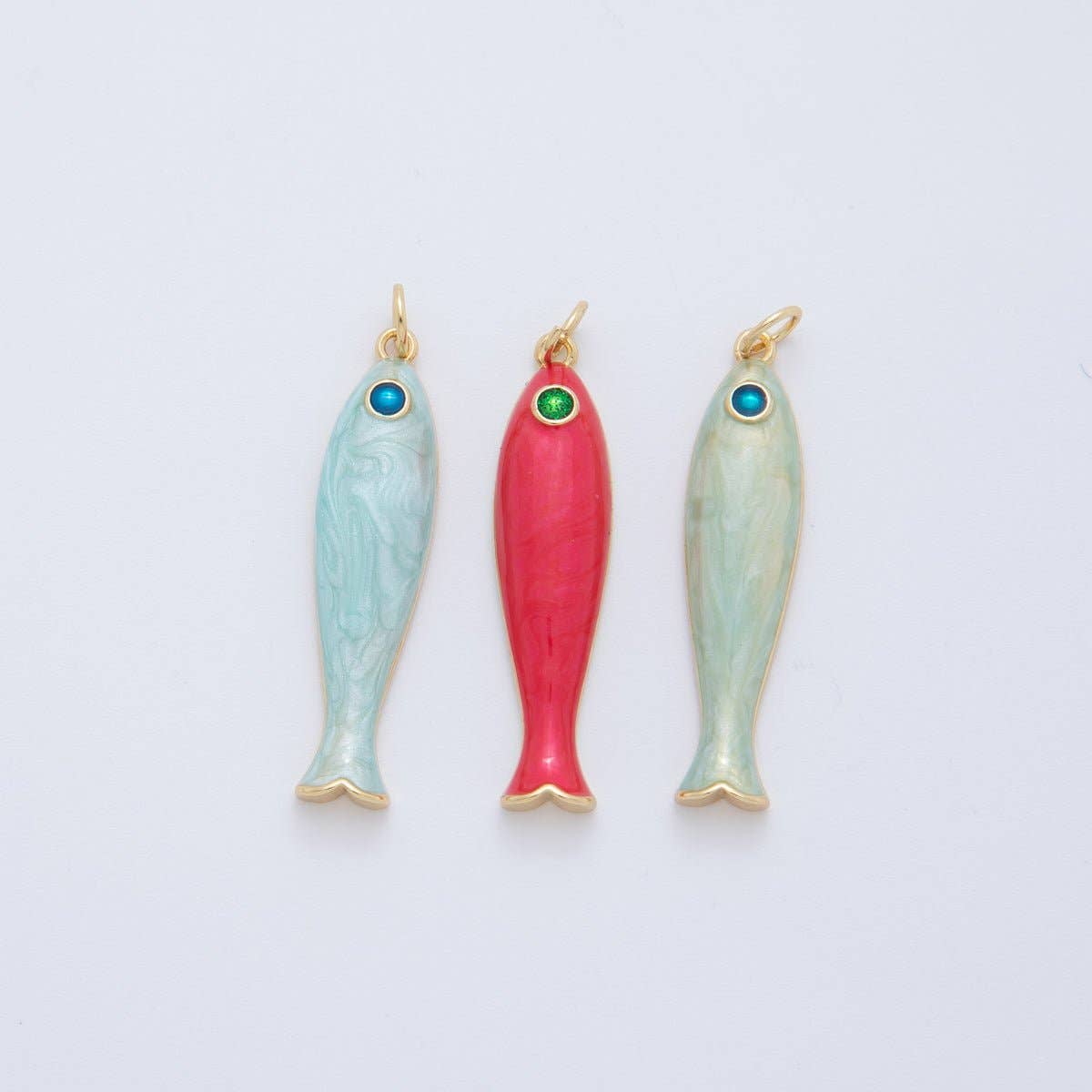 18K Gold Filled Blue, Green, Red Enamel Sardine Fish Charm