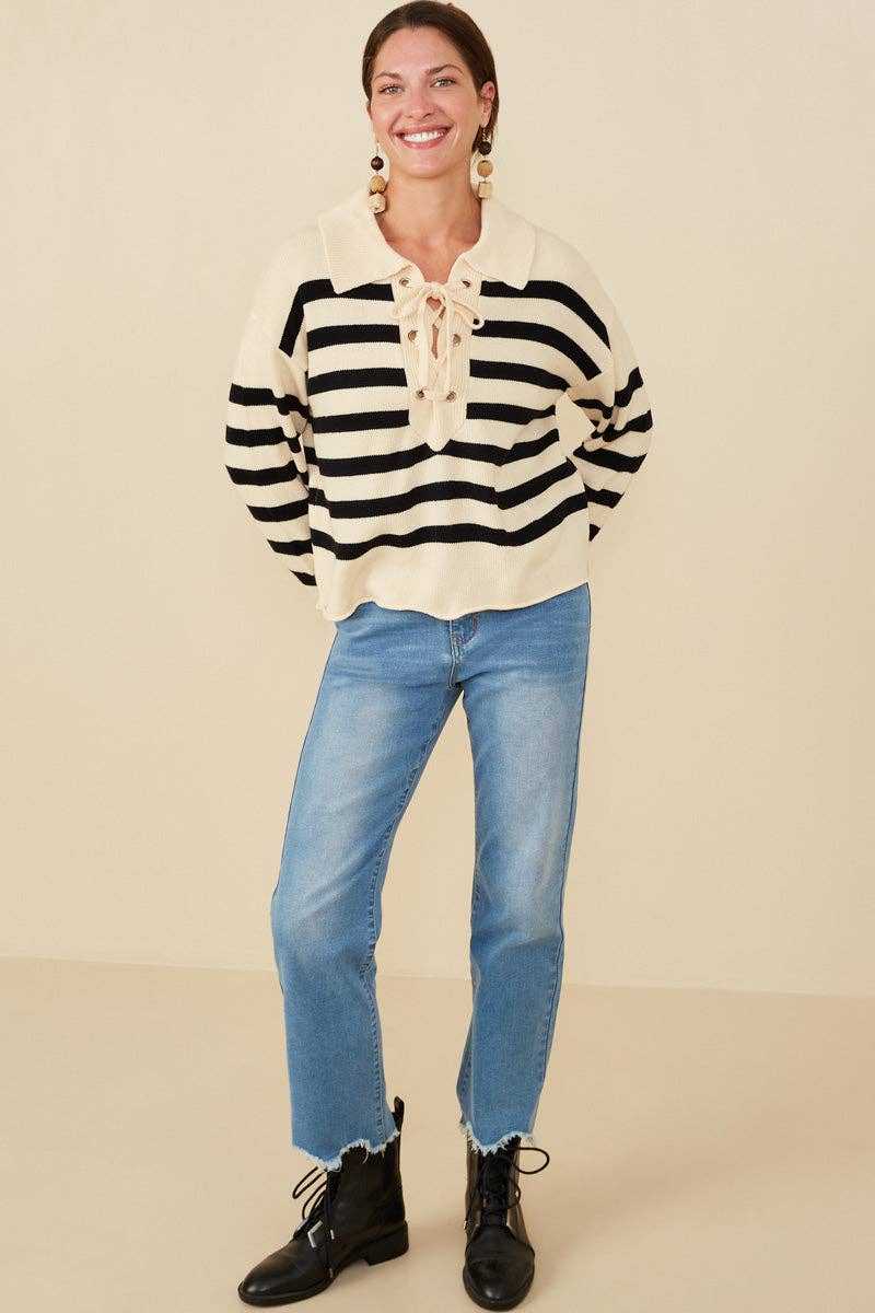 Size Inclusive:Lace Up Striped Sweater
