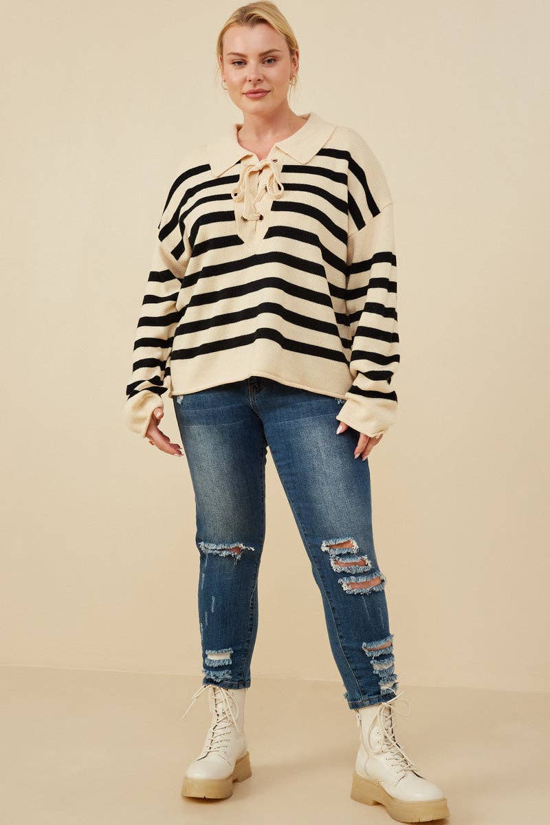 Size Inclusive:Lace Up Striped Sweater