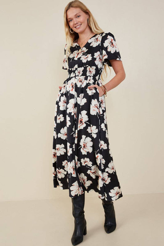 Size Inclusive: Floral Smocked Waist Slit Detail Dress