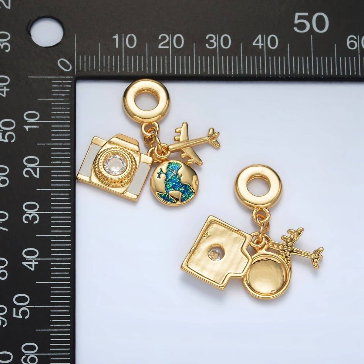 24K Gold Filled Camera Globe Airplane Rhondelle Bail Triple Travel Drop Pendant | AC083
