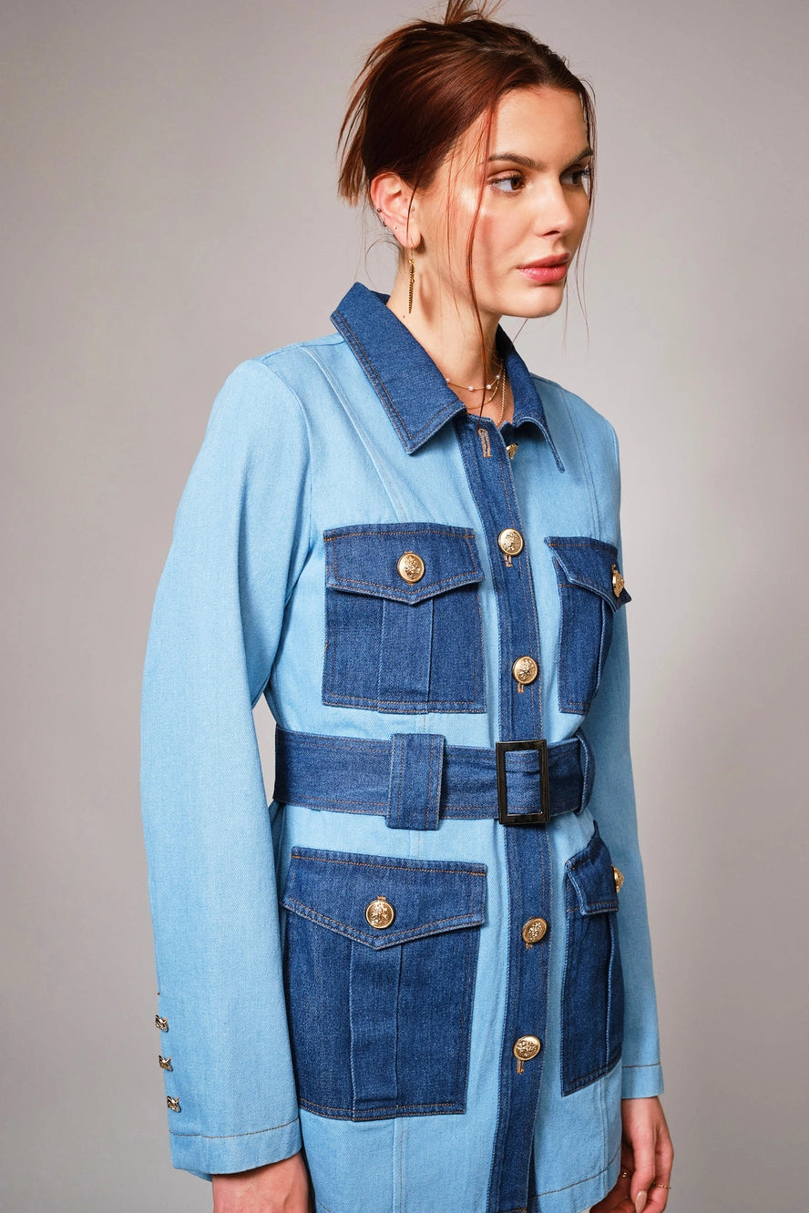 Two Tone Belted Denim Twill Jacket with Pockets