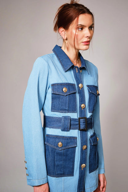 Two Tone Belted Denim Twill Jacket with Pockets