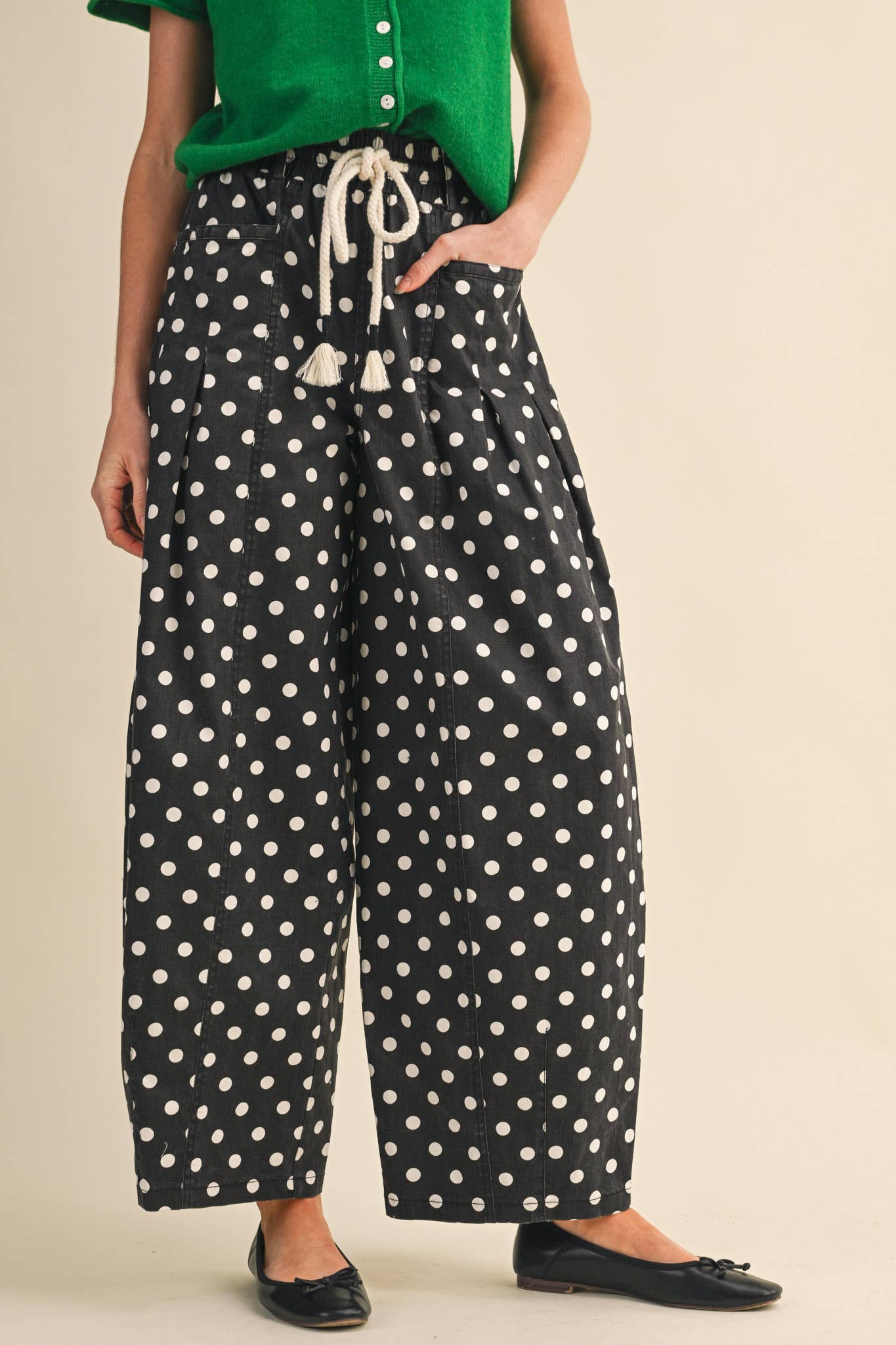 Polka Dot Pleated Barrel Pants - 3 Colors Available