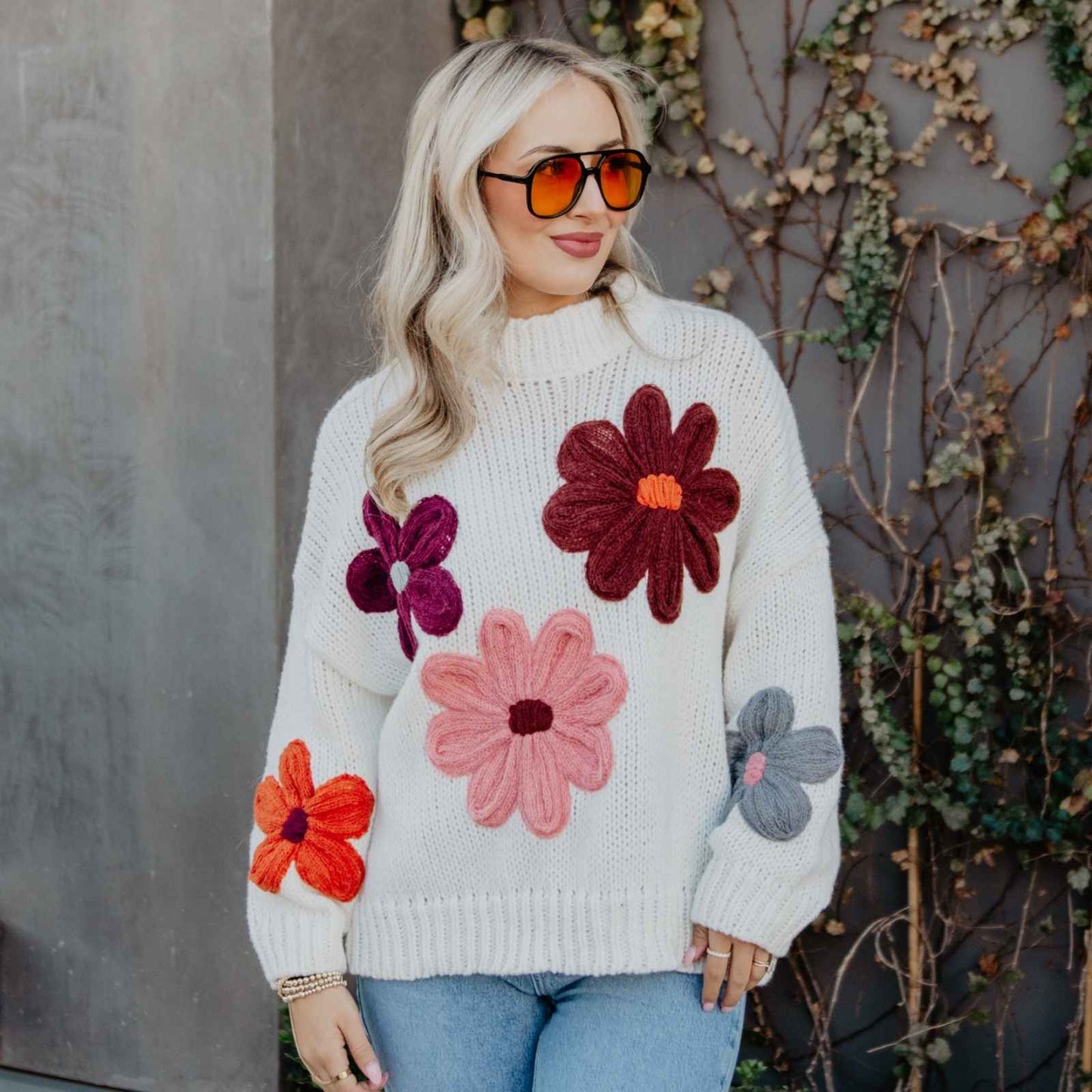 White Floral Fall Stitched Sweater