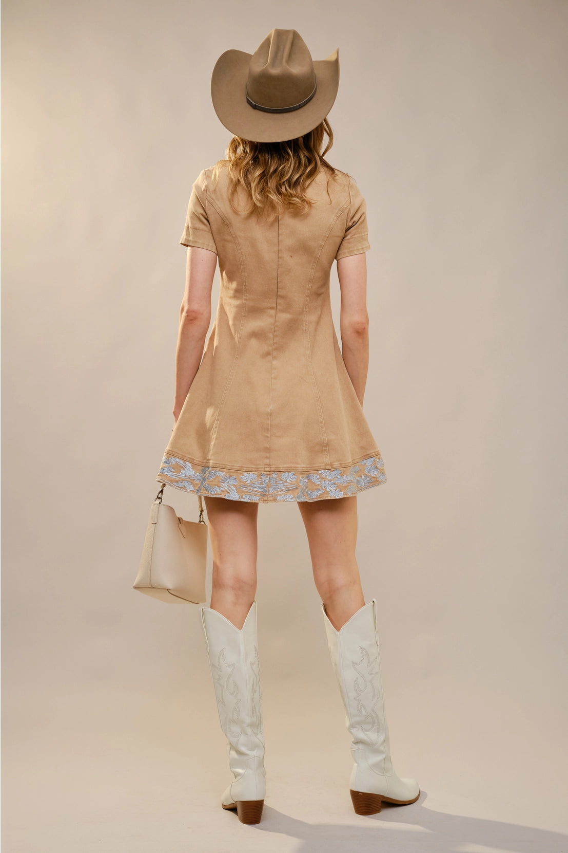 Lace-Up Western Denim Dress: Taupe