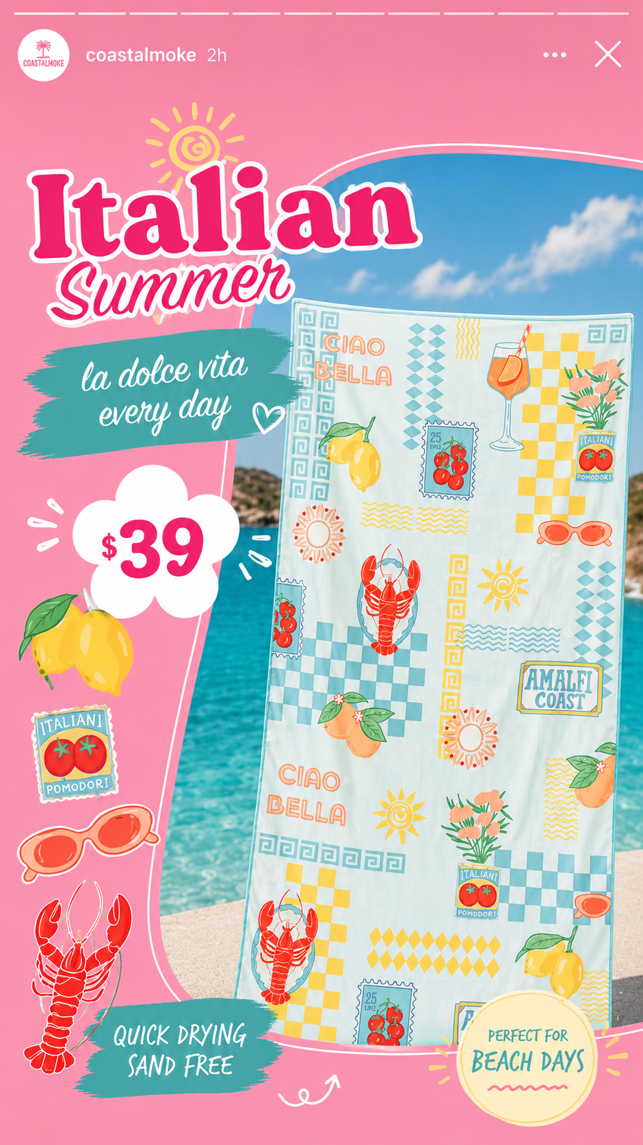 Quick Dry Reversible Towel: Italian Summer