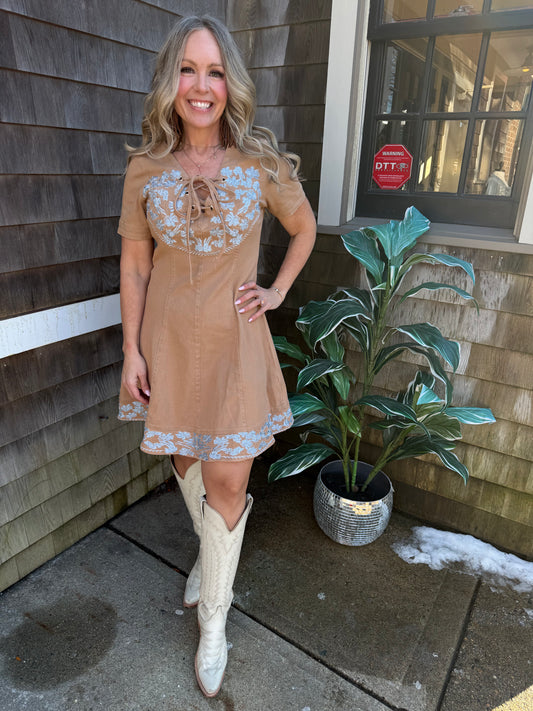 Lace-Up Western Denim Dress: Taupe